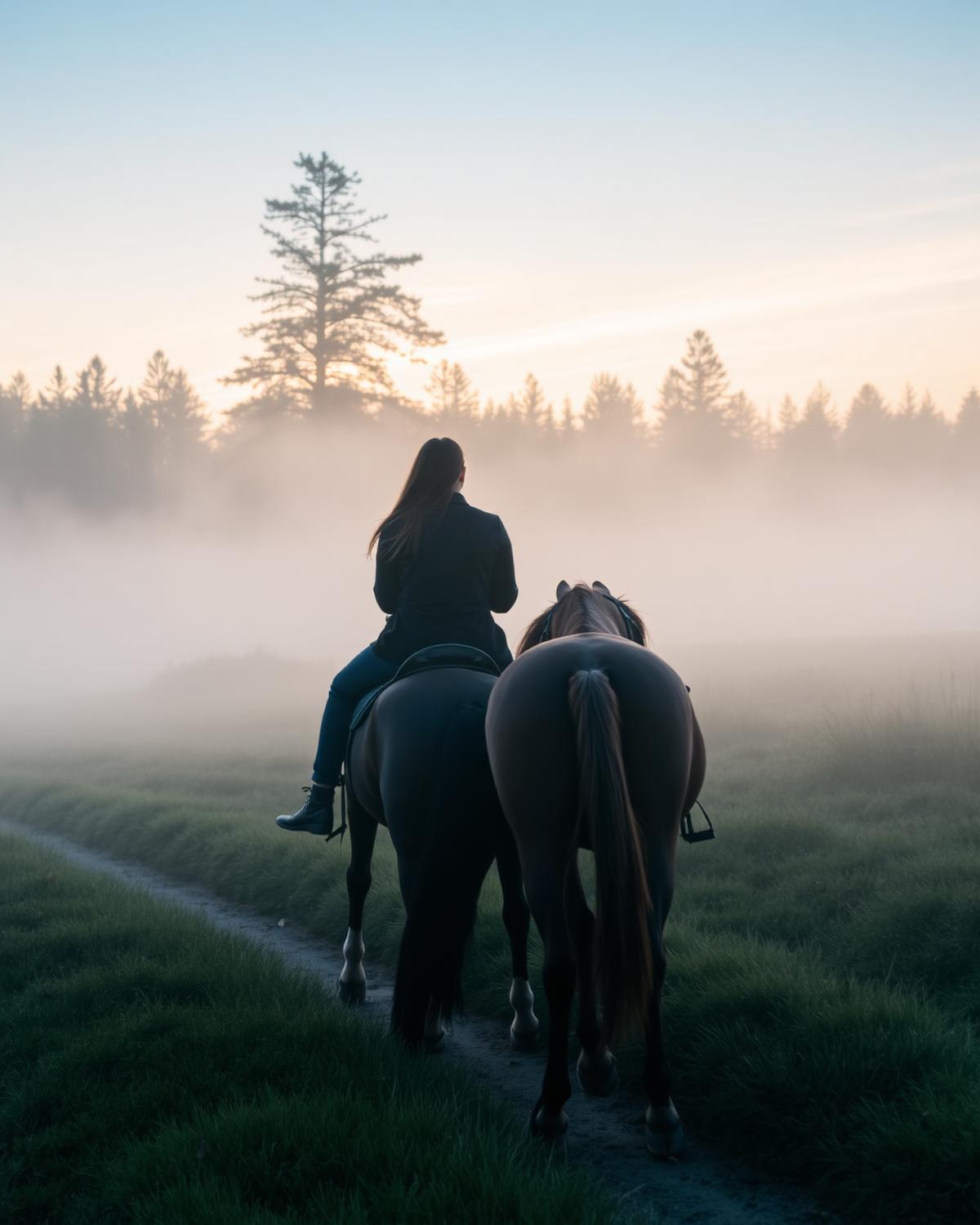 Casal em passeio a cavalo ao amanhecer