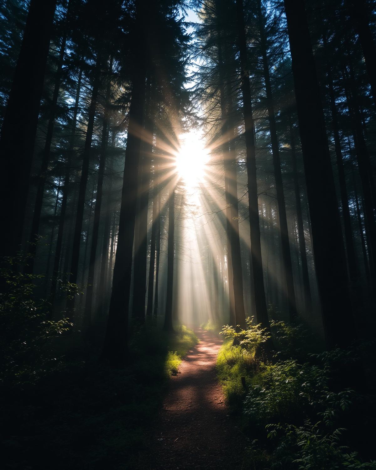 Trilha em meio à natureza com raios de sol