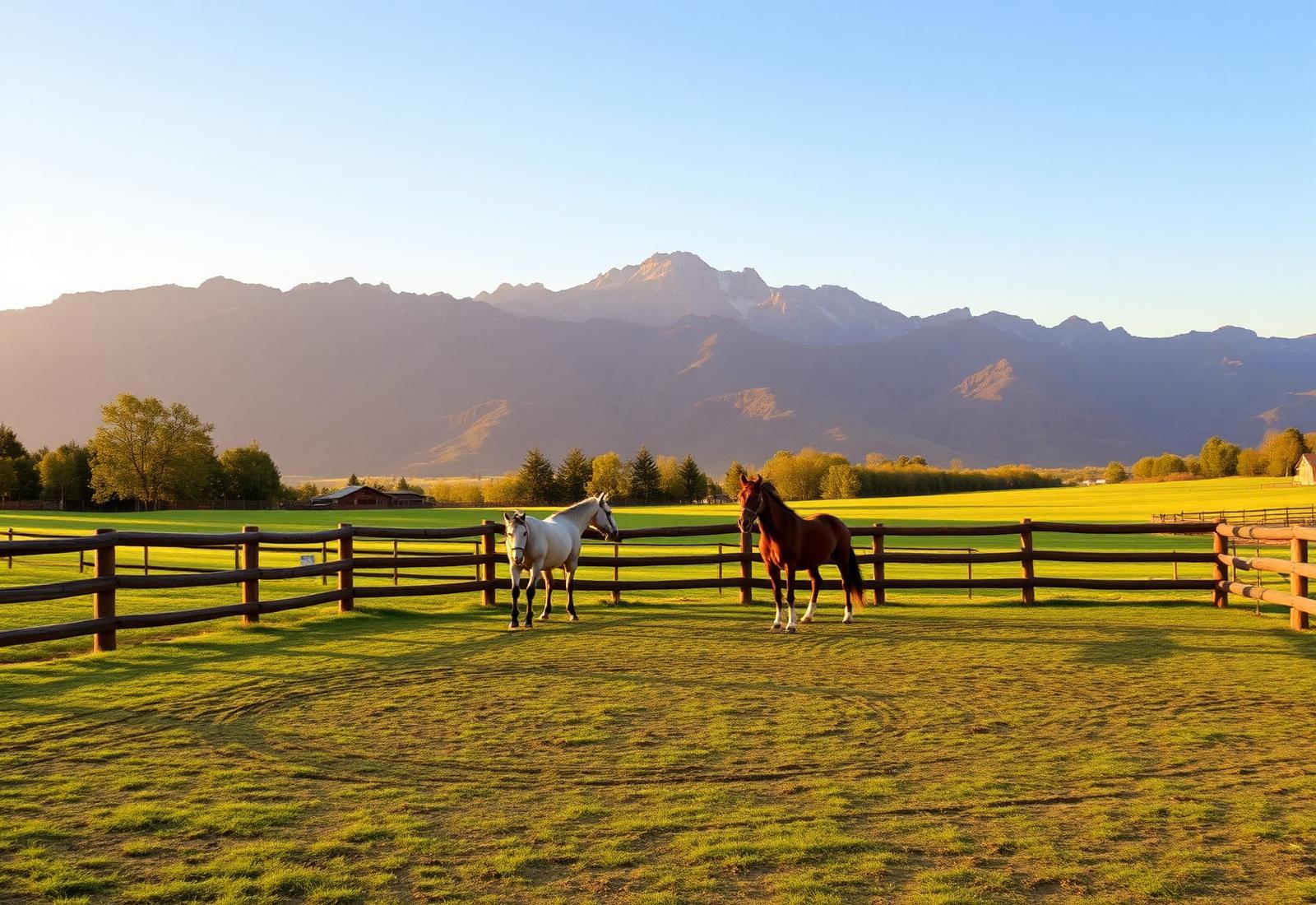 Piquetes com cavalos e vista das montanhas