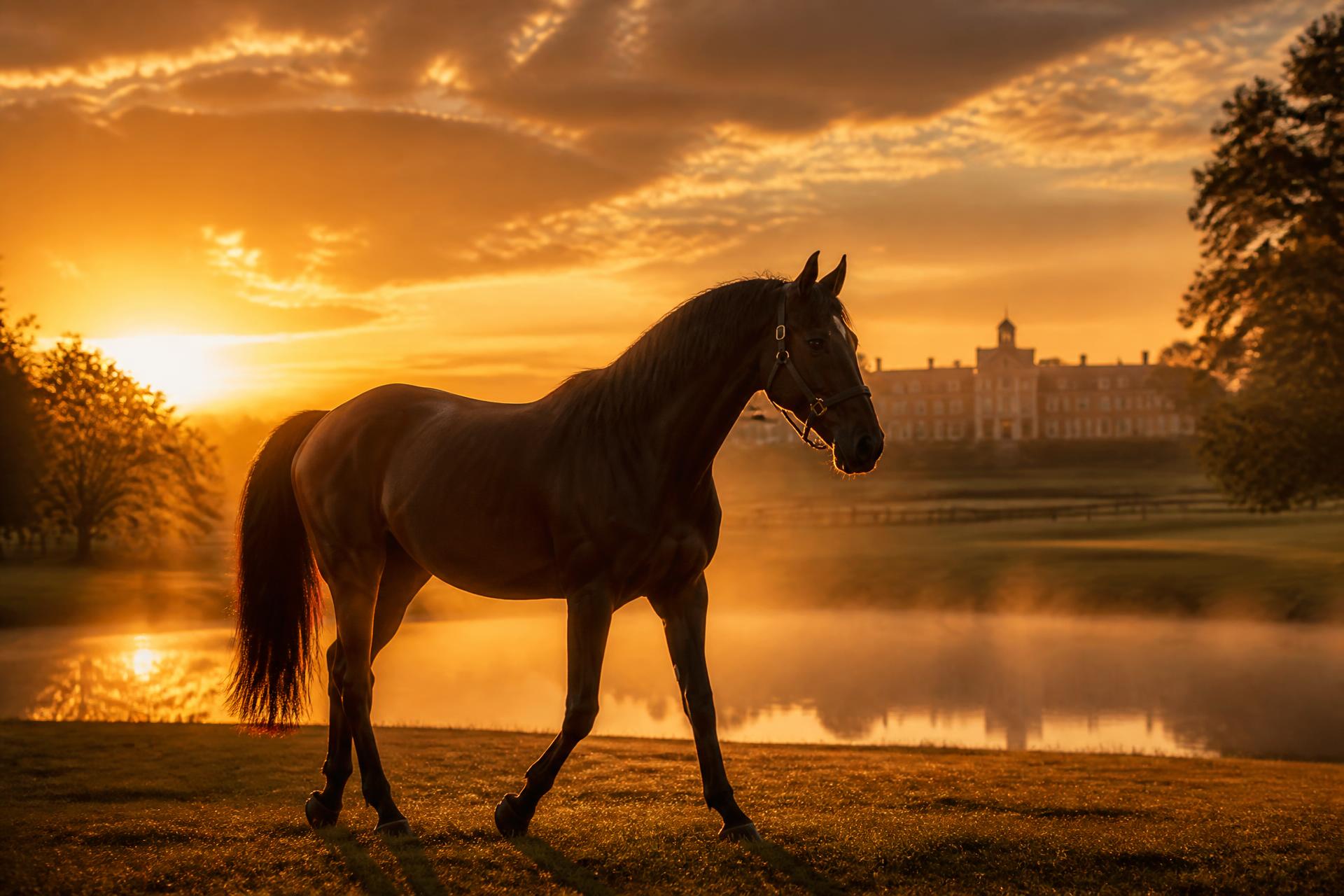 Cavalo caminhando ao pôr do sol no Haras Porto Nobre