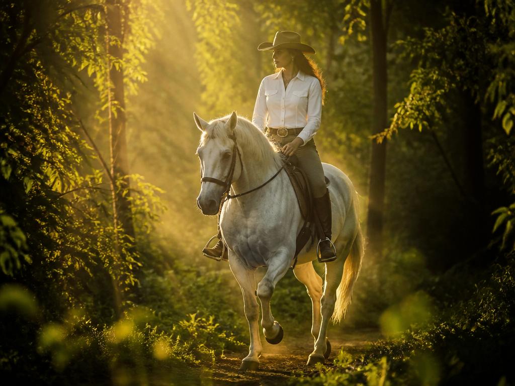 Cavaleiro atravessando o bosque iluminado pelo sol