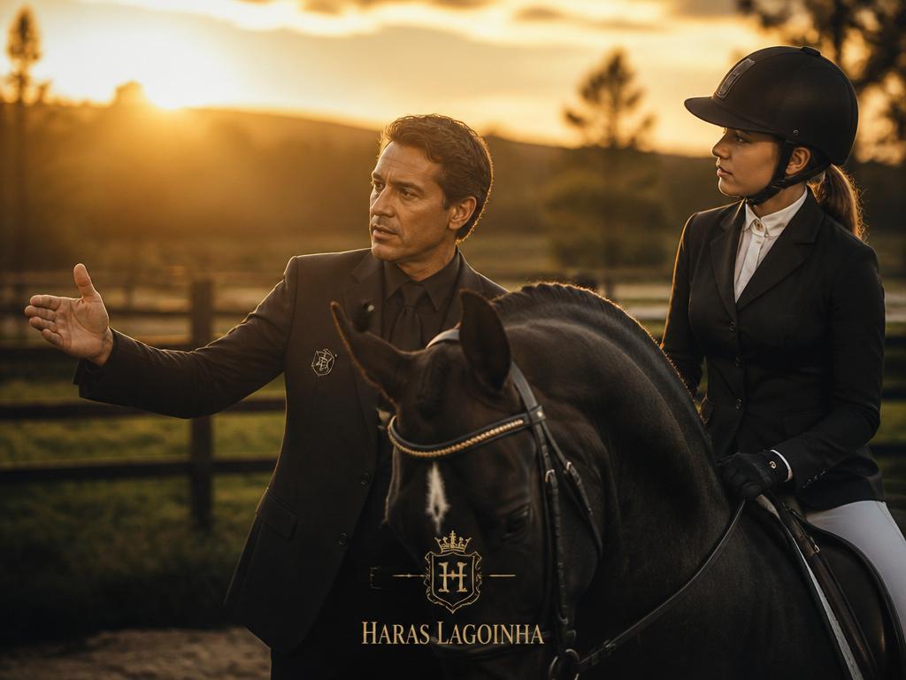 Instrutor orientando cavaleiro no haras