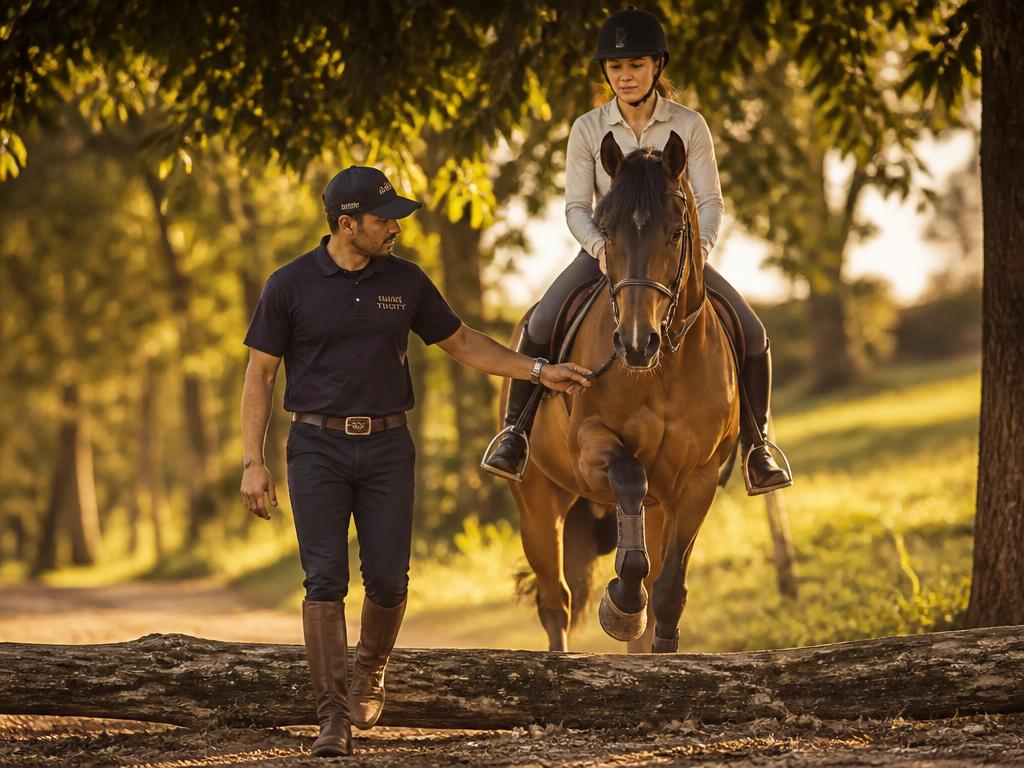 Instrutor conduzindo cavalo por obstáculo natural