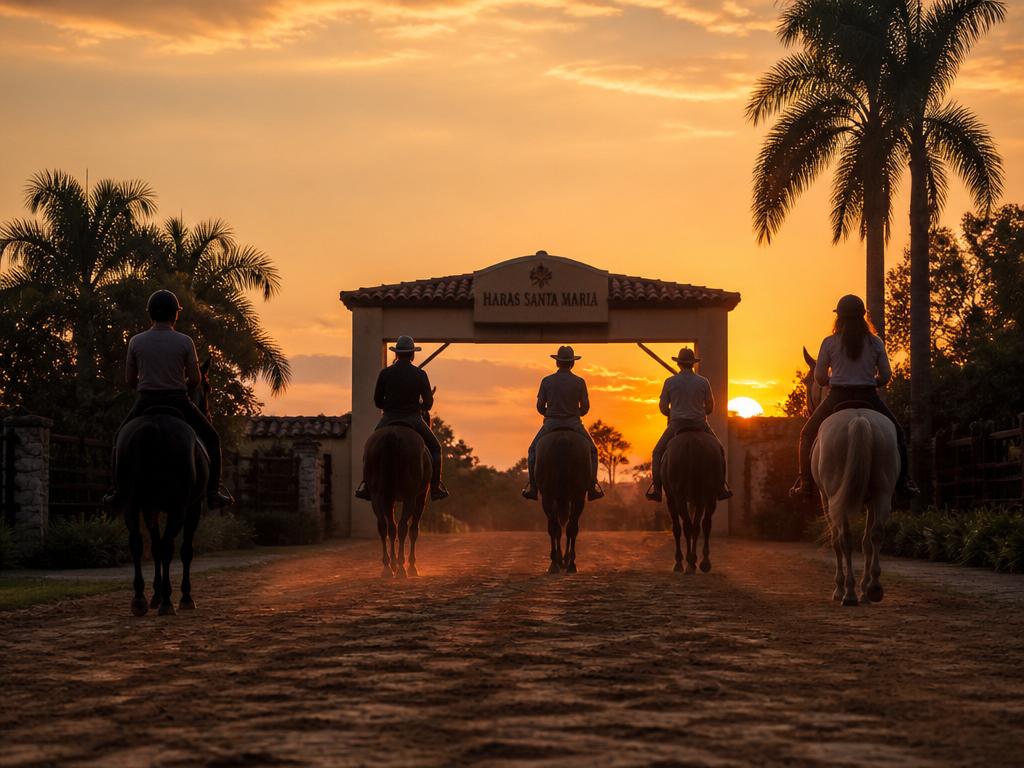 Grupo retornando ao haras ao pôr do sol